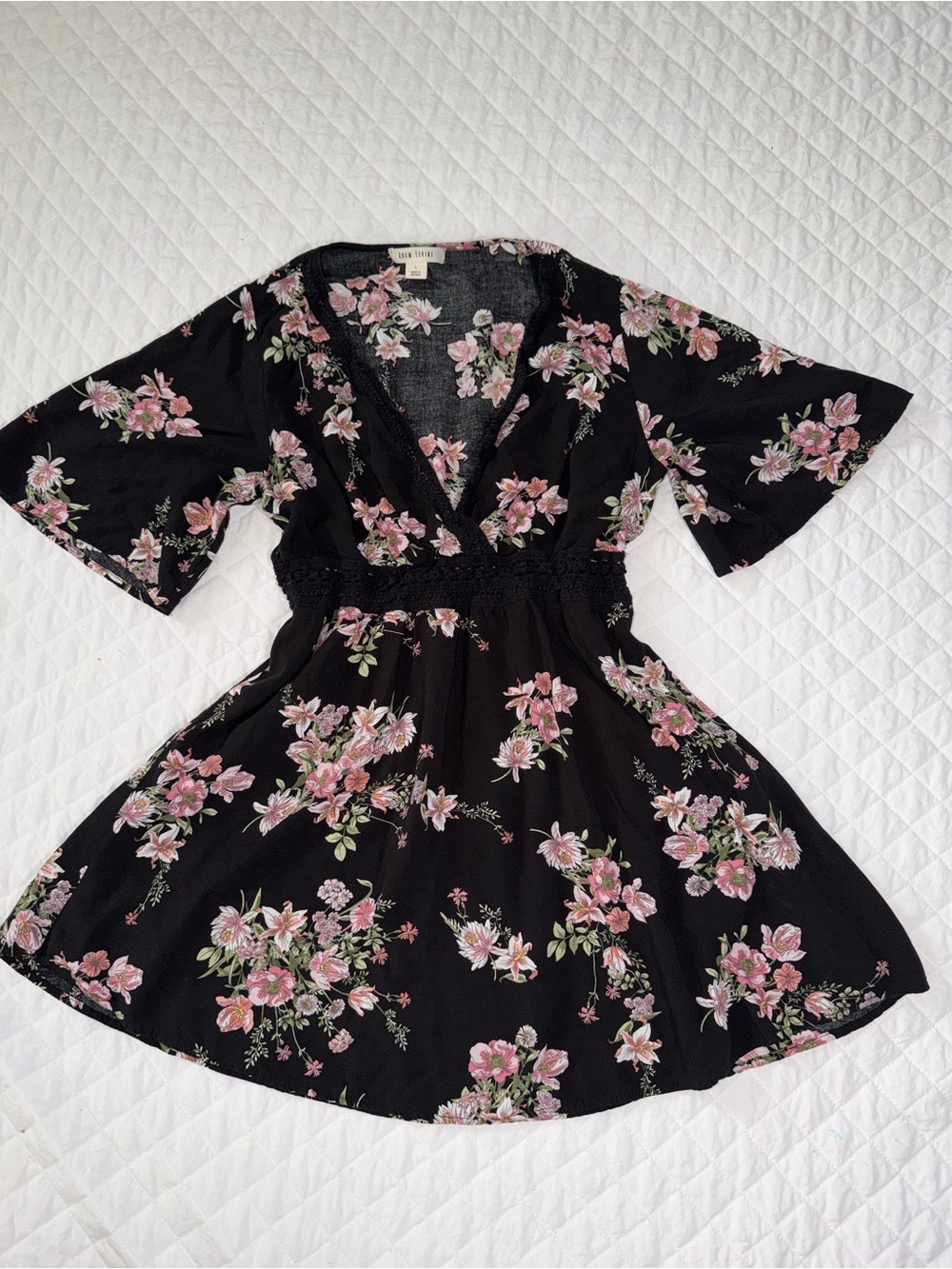 Black Floral V-Neck Skater Dress with Pink Flowers